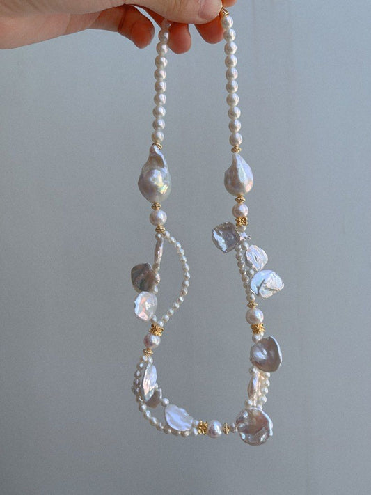 #PN680 Freshwater Pearl Necklace | Flower Garden | Top-lustre Big Petal Pearl| Baby Pearl| Two-layer| Big Fishtail Baroque | Bow Tie Clasp| Original Design