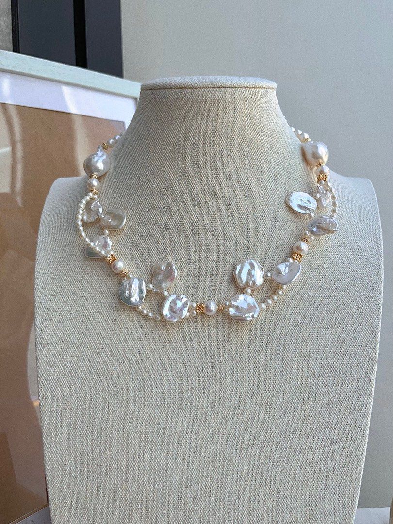 #PN680 Freshwater Pearl Necklace | Flower Garden | Top-lustre Big Petal Pearl| Baby Pearl| Two-layer| Big Fishtail Baroque | Bow Tie Clasp| Original Design