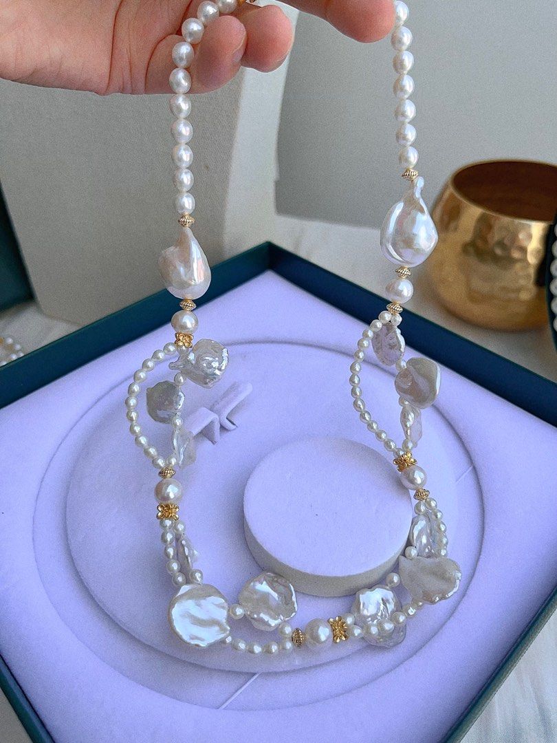 #PN680 Freshwater Pearl Necklace | Flower Garden | Top-lustre Big Petal Pearl| Baby Pearl| Two-layer| Big Fishtail Baroque | Bow Tie Clasp| Original Design