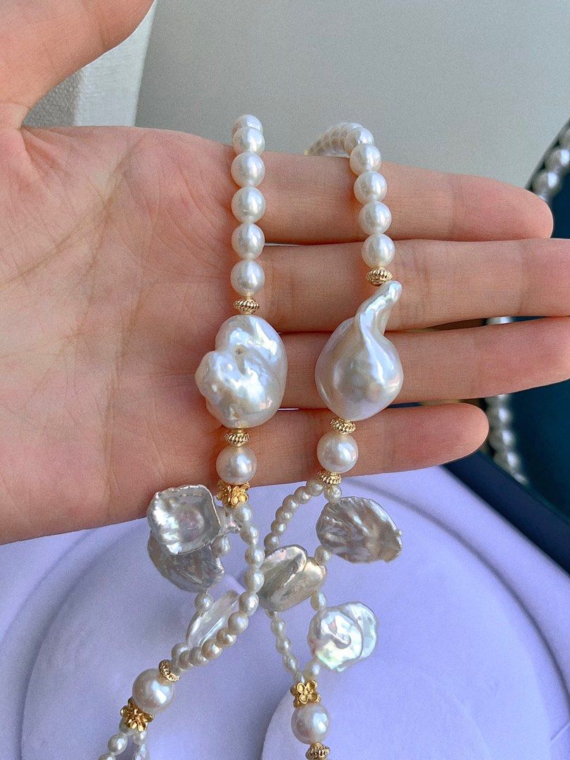 #PN680 Freshwater Pearl Necklace | Flower Garden | Top-lustre Big Petal Pearl| Baby Pearl| Two-layer| Big Fishtail Baroque | Bow Tie Clasp| Original Design