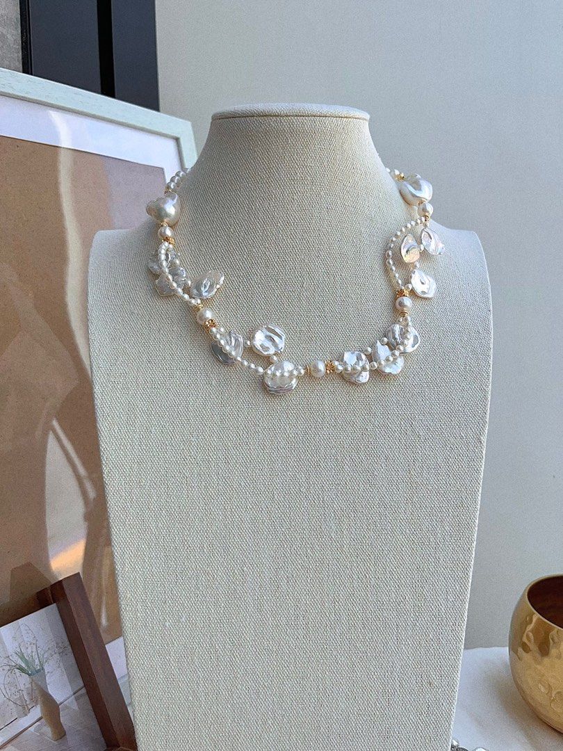 #PN680 Freshwater Pearl Necklace | Flower Garden | Top-lustre Big Petal Pearl| Baby Pearl| Two-layer| Big Fishtail Baroque | Bow Tie Clasp| Original Design