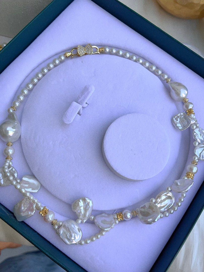 #PN680 Freshwater Pearl Necklace | Flower Garden | Top-lustre Big Petal Pearl| Baby Pearl| Two-layer| Big Fishtail Baroque | Bow Tie Clasp| Original Design