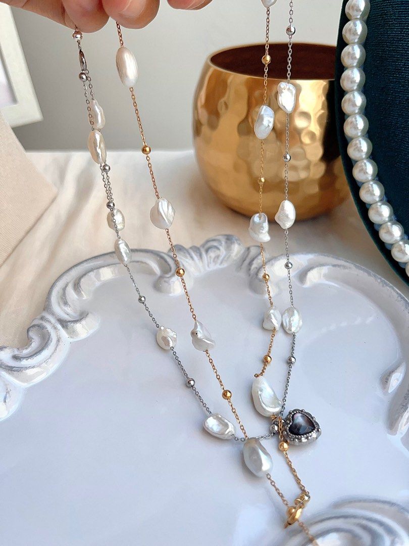 #PN681 Freshwater Pearl Necklace | Big Silver-debris Shaped Pearl| Irregular | Cold Lustre| Can Wear at Any Length| Black MOP Heart Pendant