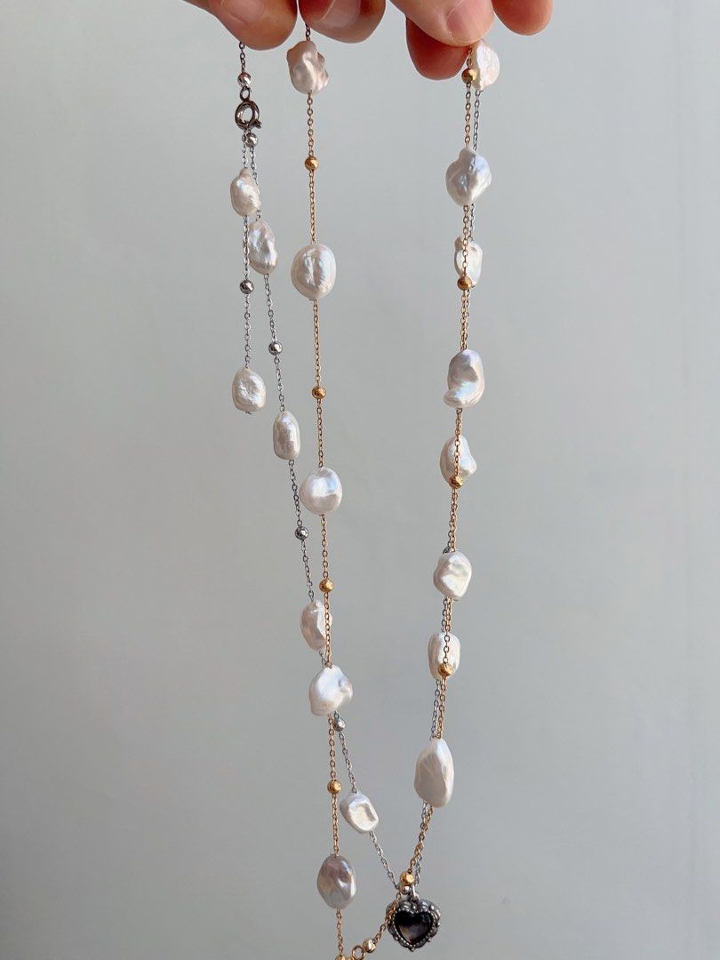 #PN681 Freshwater Pearl Necklace | Big Silver-debris Shaped Pearl| Irregular | Cold Lustre| Can Wear at Any Length| Black MOP Heart Pendant