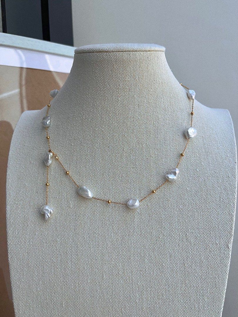 #PN681 Freshwater Pearl Necklace | Big Silver-debris Shaped Pearl| Irregular | Cold Lustre| Can Wear at Any Length| Black MOP Heart Pendant