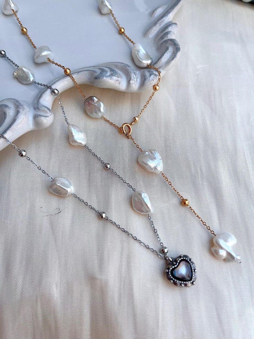 #PN681 Freshwater Pearl Necklace | Big Silver-debris Shaped Pearl| Irregular | Cold Lustre| Can Wear at Any Length| Black MOP Heart Pendant