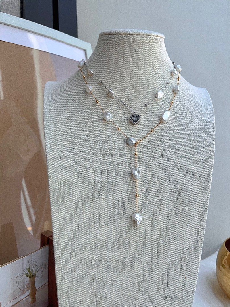 #PN681 Freshwater Pearl Necklace | Big Silver-debris Shaped Pearl| Irregular | Cold Lustre| Can Wear at Any Length| Black MOP Heart Pendant