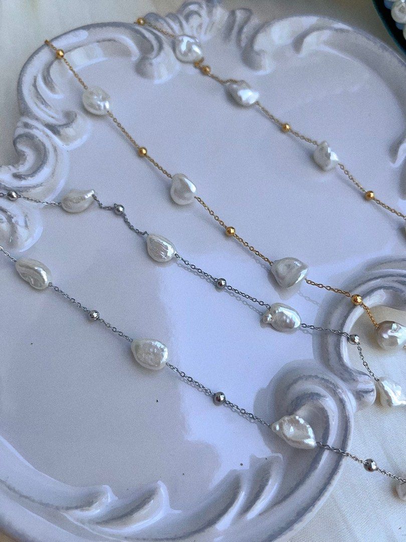 #PN681 Freshwater Pearl Necklace | Big Silver-debris Shaped Pearl| Irregular | Cold Lustre| Can Wear at Any Length| Black MOP Heart Pendant