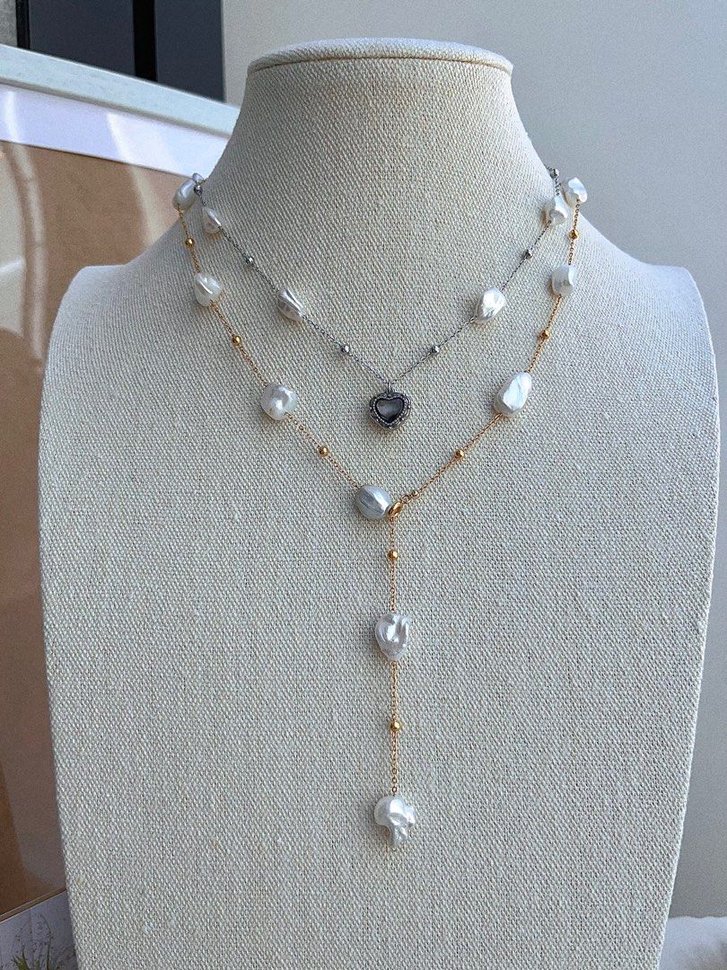 #PN681 Freshwater Pearl Necklace | Big Silver-debris Shaped Pearl| Irregular | Cold Lustre| Can Wear at Any Length| Black MOP Heart Pendant