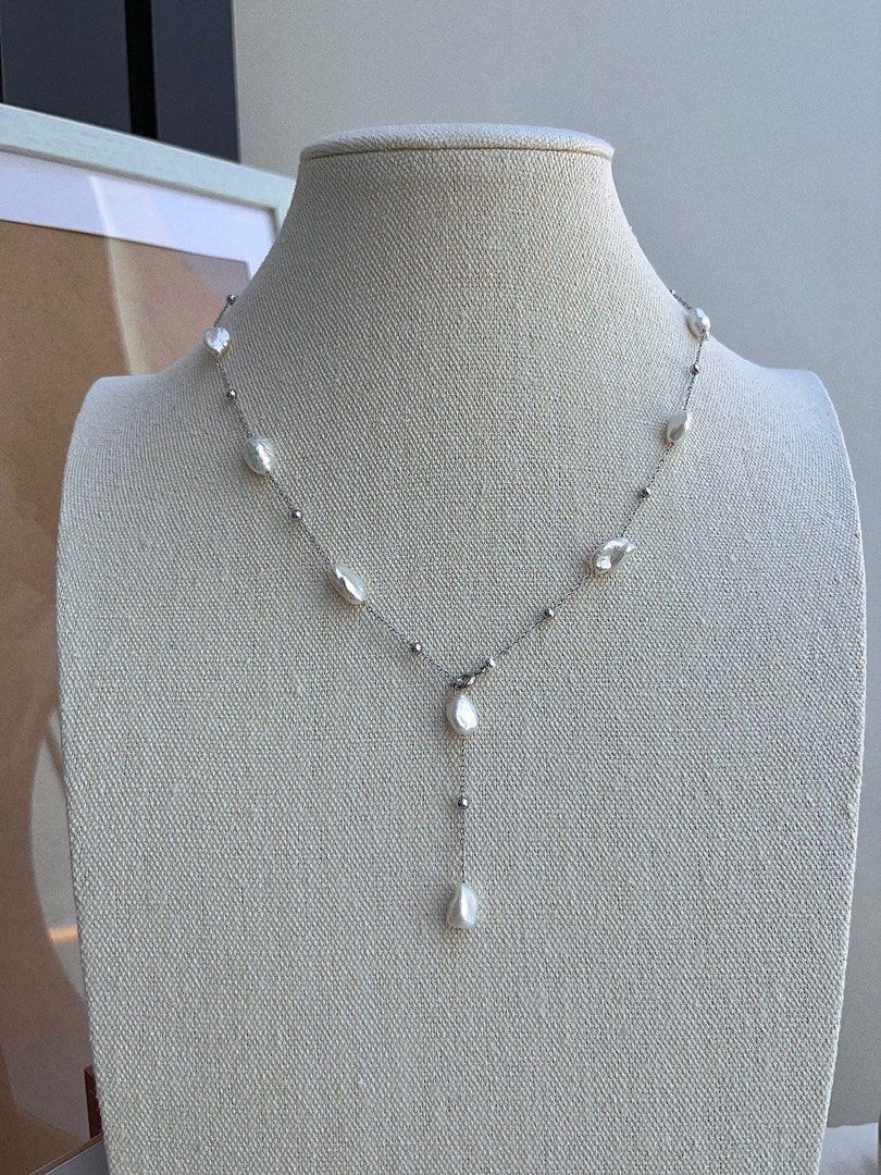#PN681 Freshwater Pearl Necklace | Big Silver-debris Shaped Pearl| Irregular | Cold Lustre| Can Wear at Any Length| Black MOP Heart Pendant