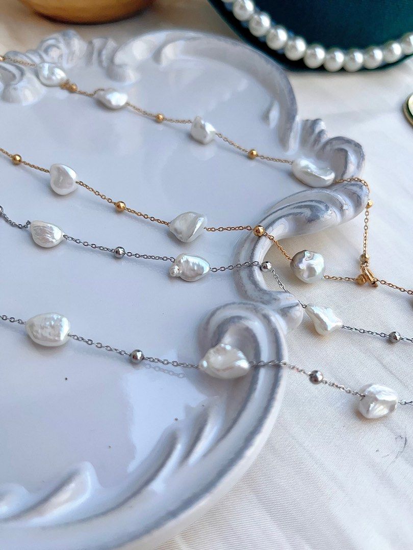 #PN681 Freshwater Pearl Necklace | Big Silver-debris Shaped Pearl| Irregular | Cold Lustre| Can Wear at Any Length| Black MOP Heart Pendant