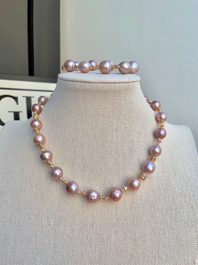 #PN689 Freshwater Pearl Necklace & Bracelet Set | Full Edison Pearl Necklace | Romantic Purple |Magnetic Heart Clasp| Queen of the Venue