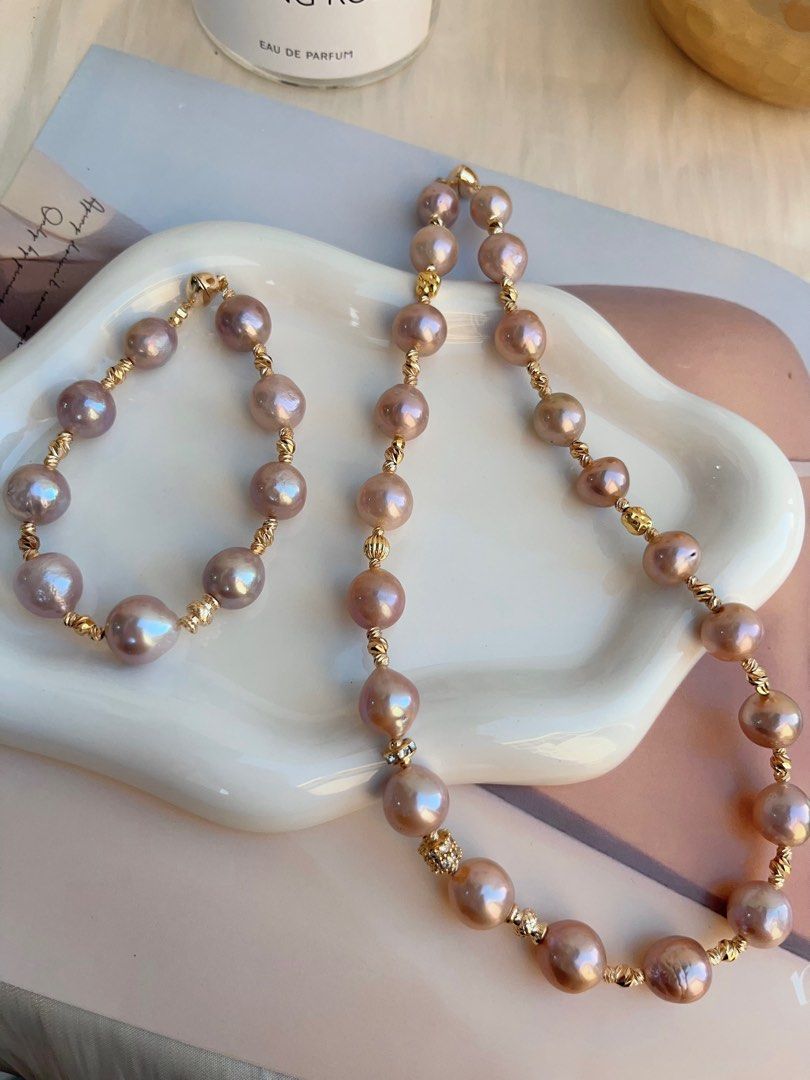 #PN689 Freshwater Pearl Necklace & Bracelet Set | Full Edison Pearl Necklace | Romantic Purple |Magnetic Heart Clasp| Queen of the Venue