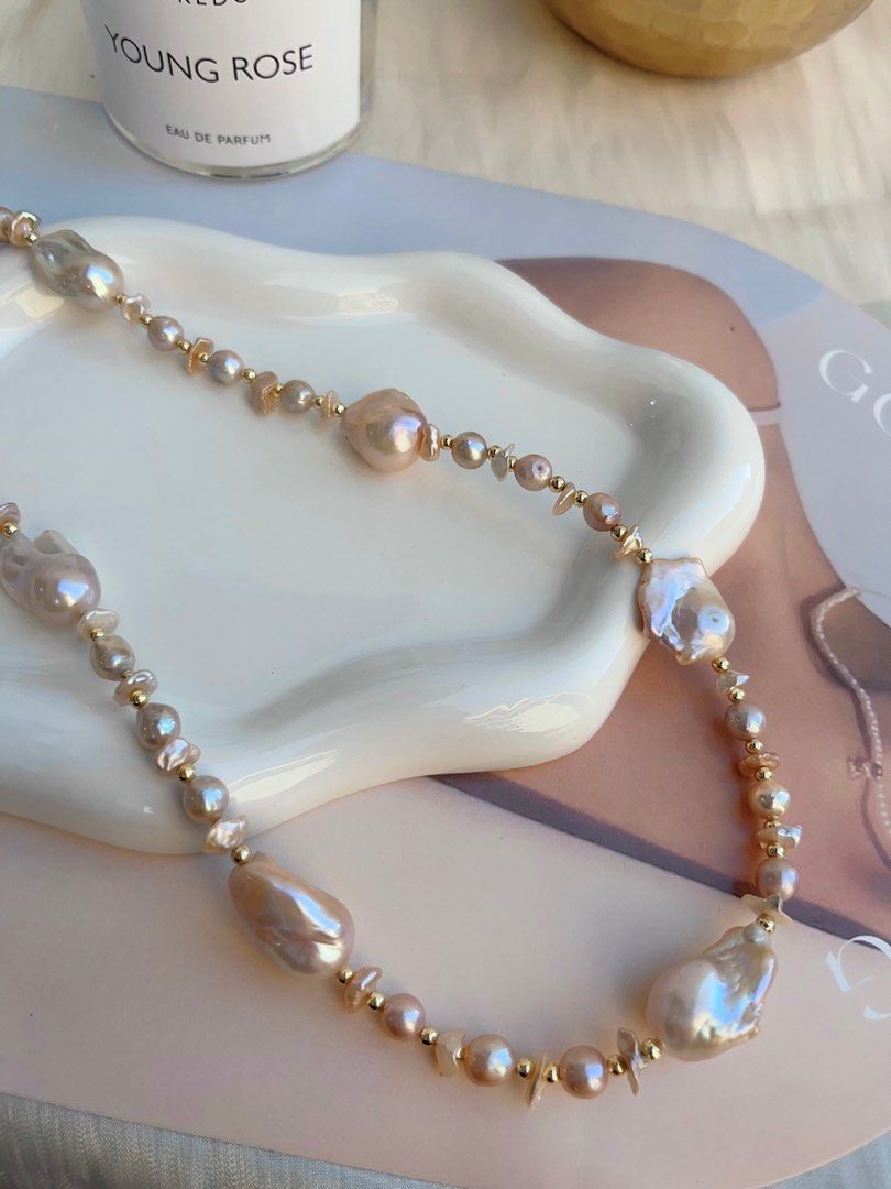 #PN691 Freshwater Pearl Necklace | Light Golden-pink Mid-size Fishtail Baroque Pearl | 60cm Long| Styling of a Day