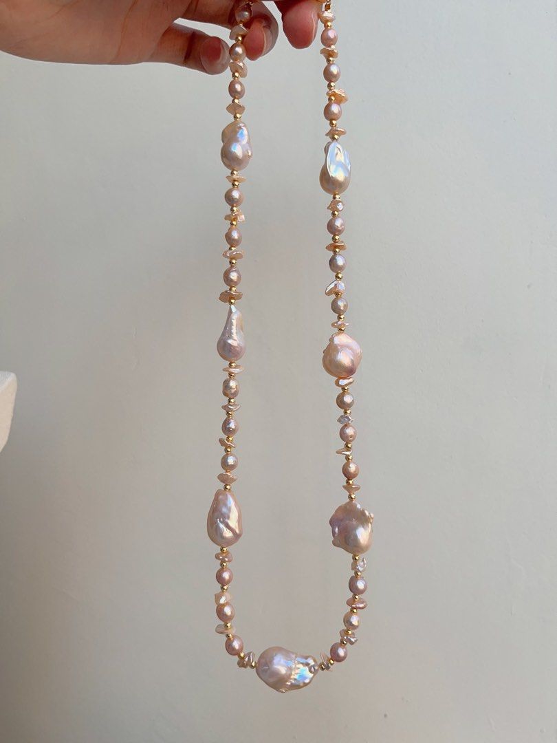 #PN691 Freshwater Pearl Necklace | Light Golden-pink Mid-size Fishtail Baroque Pearl | 60cm Long| Styling of a Day