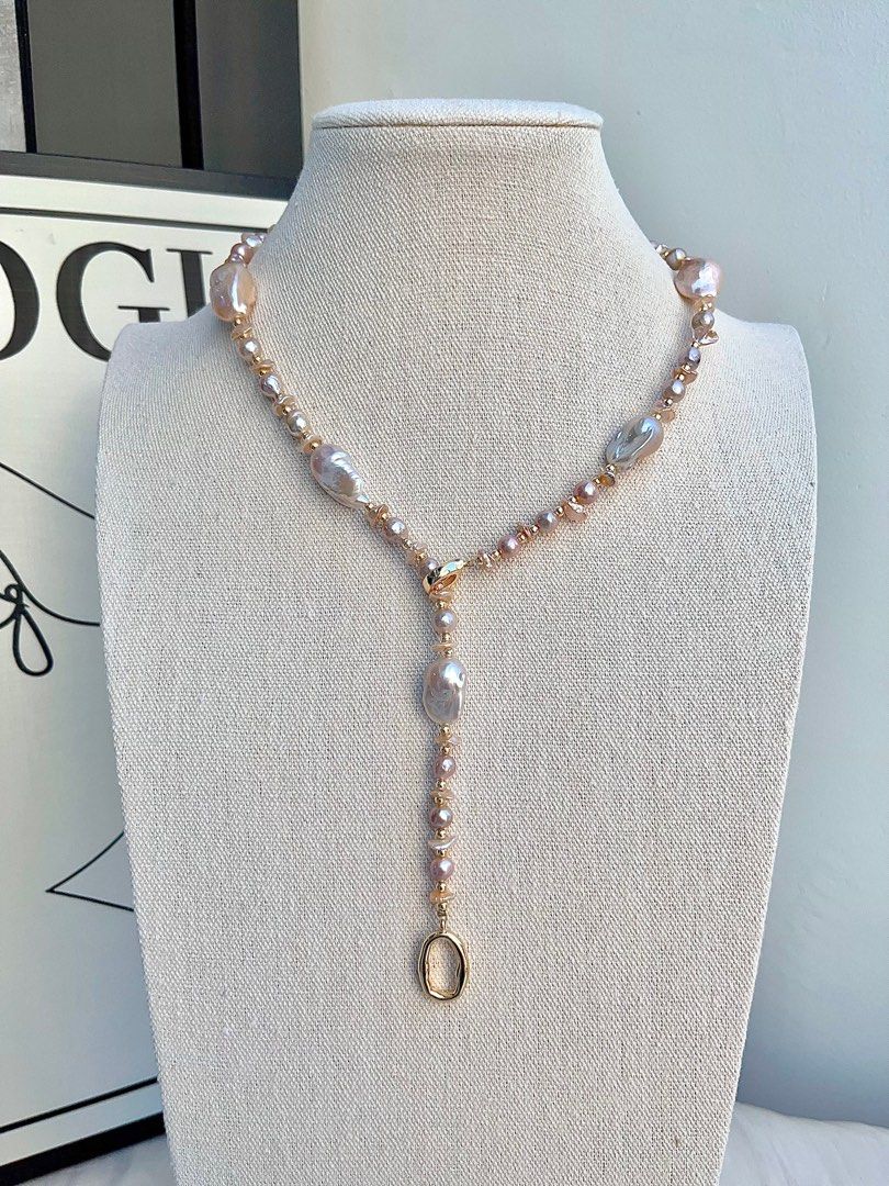 #PN691 Freshwater Pearl Necklace | Light Golden-pink Mid-size Fishtail Baroque Pearl | 60cm Long| Styling of a Day