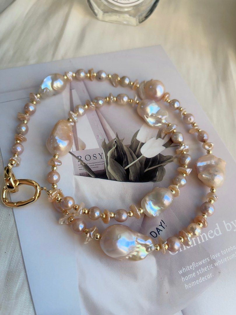#PN691 Freshwater Pearl Necklace | Light Golden-pink Mid-size Fishtail Baroque Pearl | 60cm Long| Styling of a Day