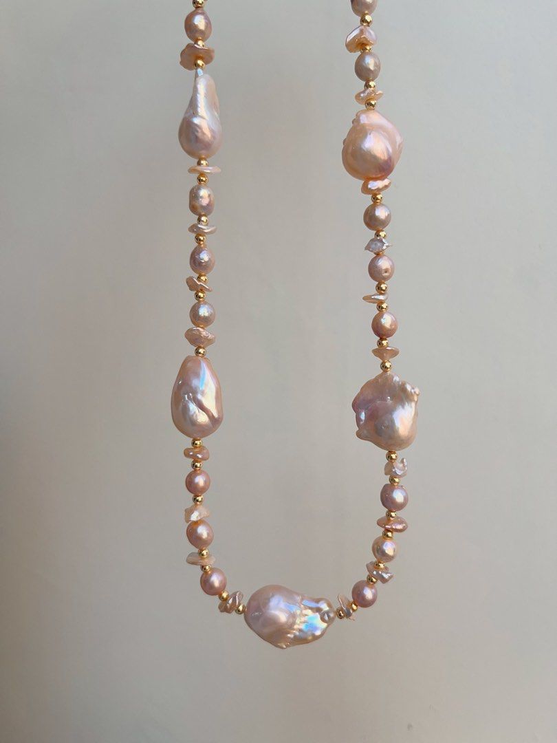 #PN691 Freshwater Pearl Necklace | Light Golden-pink Mid-size Fishtail Baroque Pearl | 60cm Long| Styling of a Day