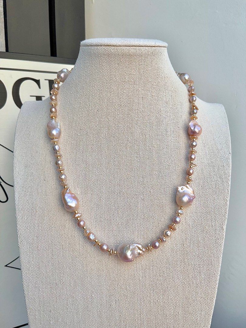 #PN691 Freshwater Pearl Necklace | Light Golden-pink Mid-size Fishtail Baroque Pearl | 60cm Long| Styling of a Day