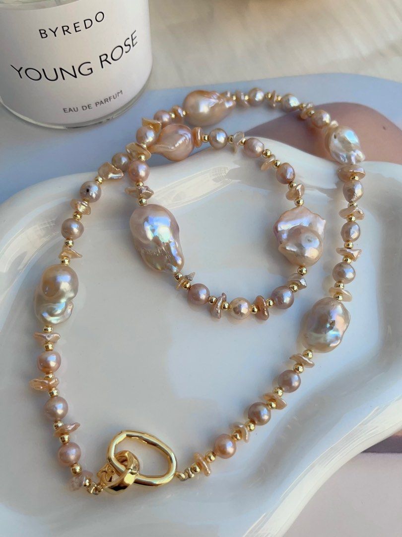 #PN691 Freshwater Pearl Necklace | Light Golden-pink Mid-size Fishtail Baroque Pearl | 60cm Long| Styling of a Day
