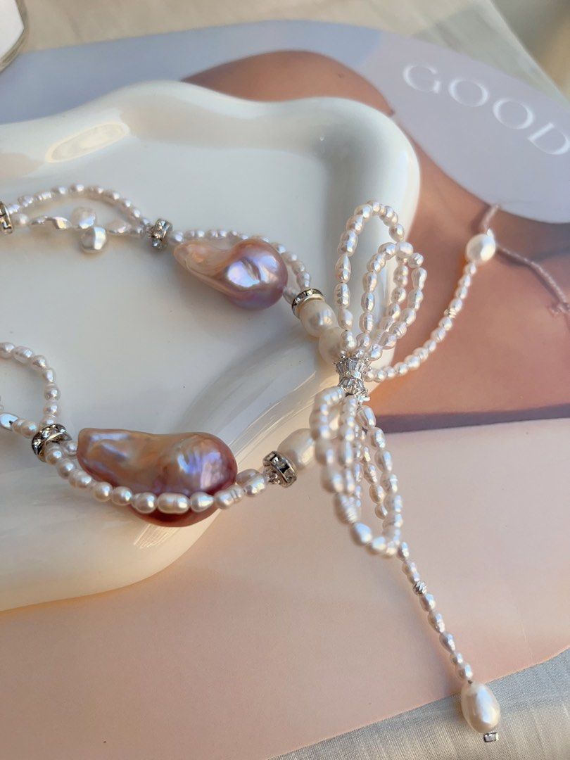 #PN695 Freshwater Pearl Necklace | Pearl Lace| Big Pearl Ribbon Bow| Lustrous Big Purple Baroque Pearl | The Princess Is Me