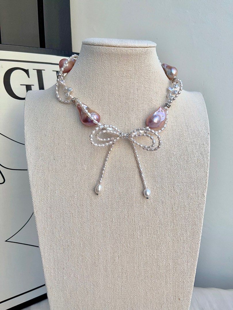 #PN695 Freshwater Pearl Necklace | Pearl Lace| Big Pearl Ribbon Bow| Lustrous Big Purple Baroque Pearl | The Princess Is Me