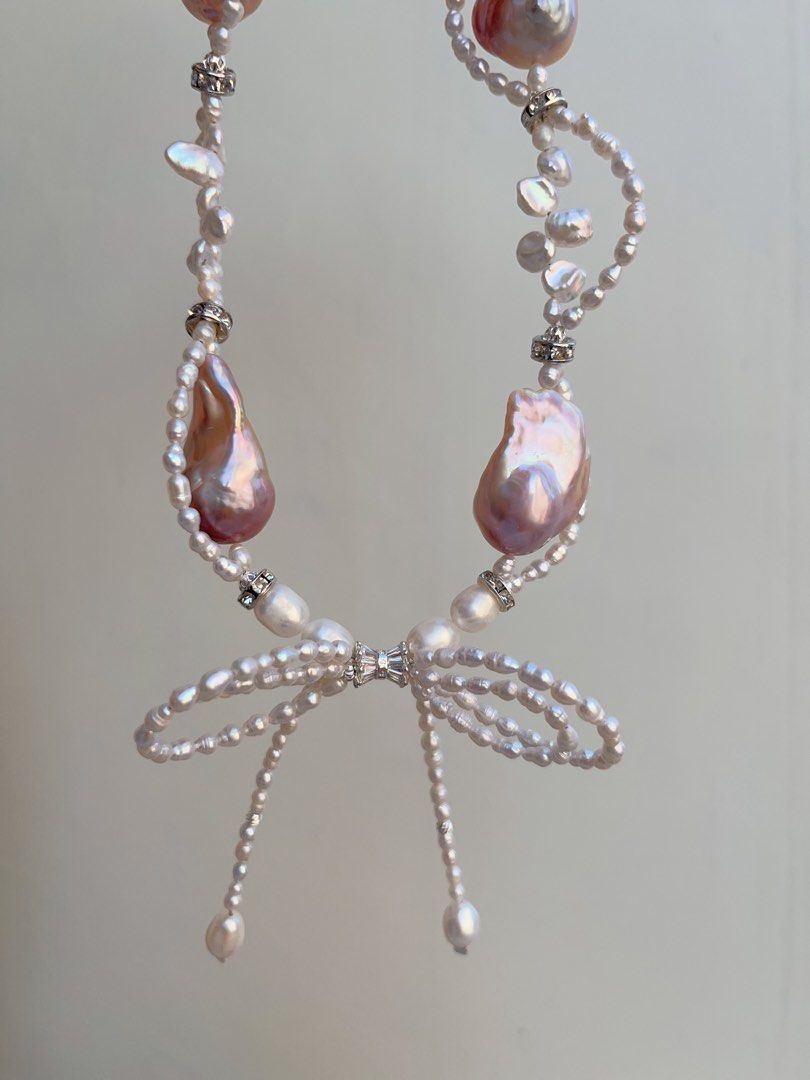 #PN695 Freshwater Pearl Necklace | Pearl Lace| Big Pearl Ribbon Bow| Lustrous Big Purple Baroque Pearl | The Princess Is Me