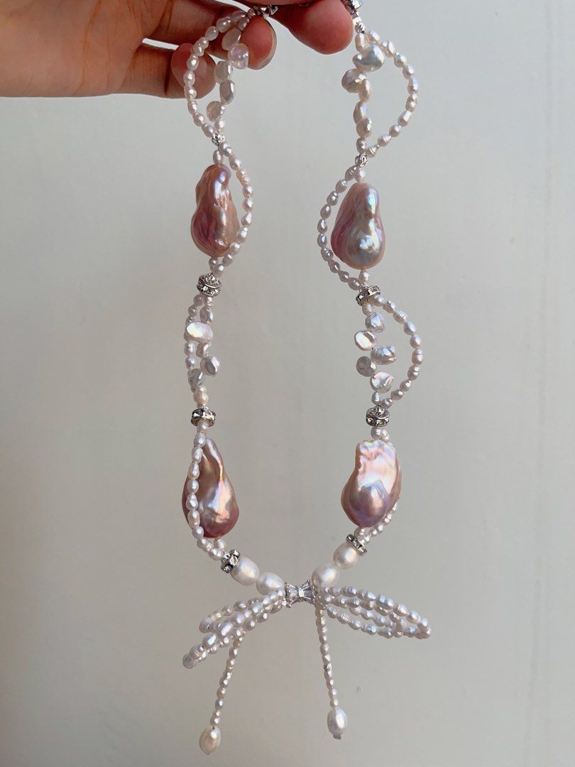 #PN695 Freshwater Pearl Necklace | Pearl Lace| Big Pearl Ribbon Bow| Lustrous Big Purple Baroque Pearl | The Princess Is Me