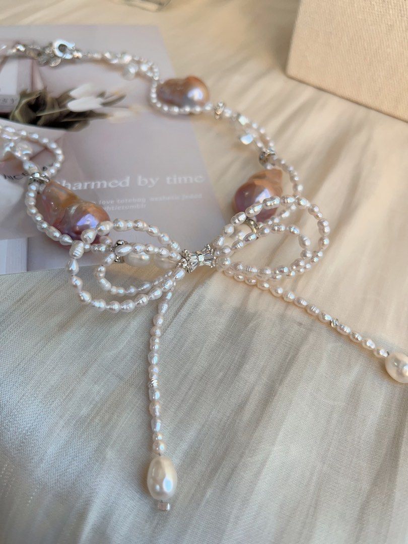 #PN695 Freshwater Pearl Necklace | Pearl Lace| Big Pearl Ribbon Bow| Lustrous Big Purple Baroque Pearl | The Princess Is Me