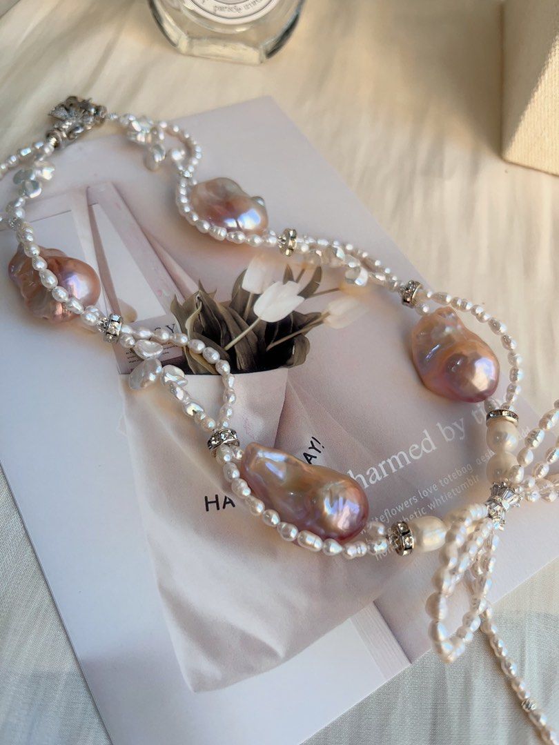 #PN695 Freshwater Pearl Necklace | Pearl Lace| Big Pearl Ribbon Bow| Lustrous Big Purple Baroque Pearl | The Princess Is Me