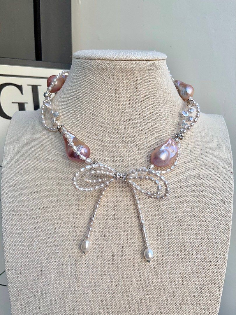 #PN695 Freshwater Pearl Necklace | Pearl Lace| Big Pearl Ribbon Bow| Lustrous Big Purple Baroque Pearl | The Princess Is Me