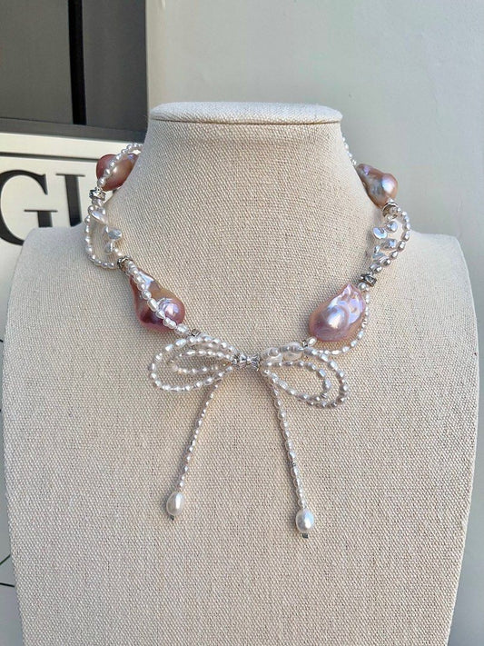 #PN695 Freshwater Pearl Necklace | Pearl Lace| Big Pearl Ribbon Bow| Lustrous Big Purple Baroque Pearl | The Princess Is Me