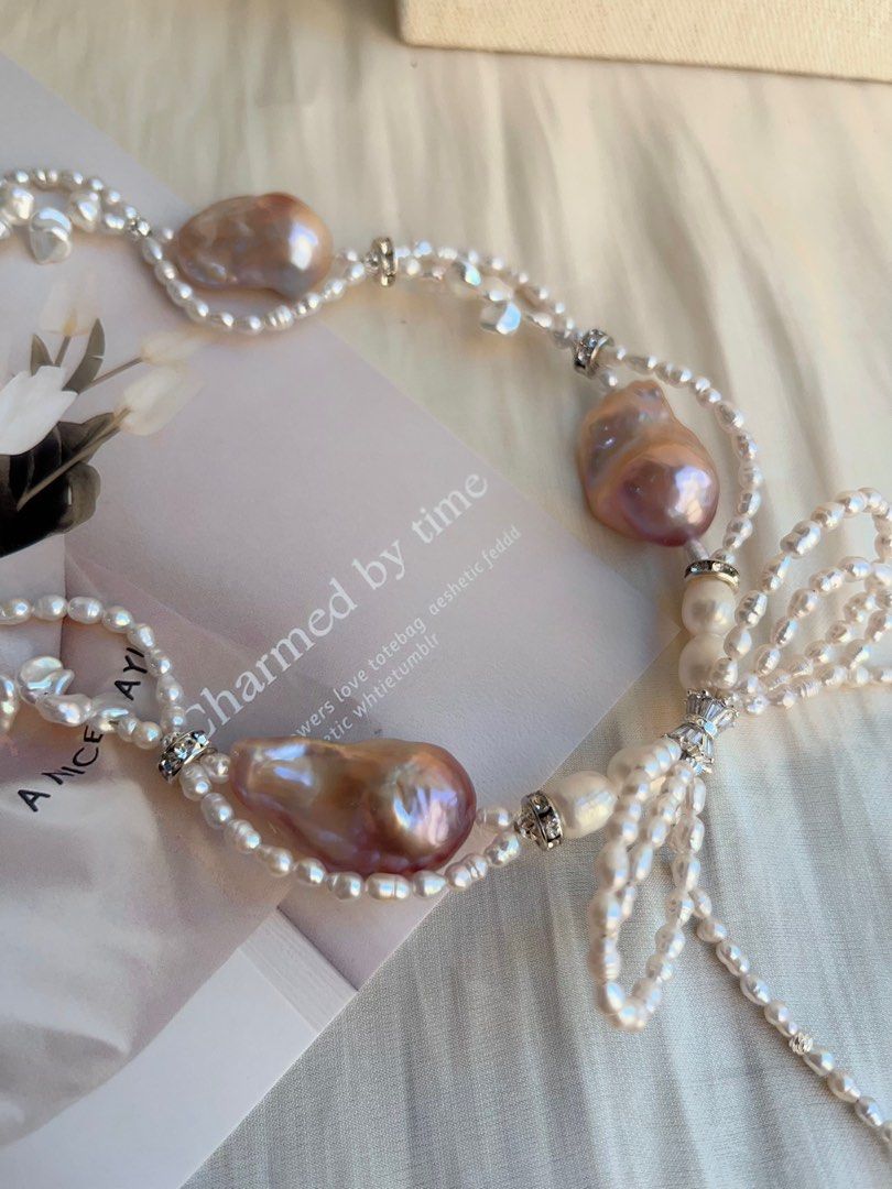 #PN695 Freshwater Pearl Necklace | Pearl Lace| Big Pearl Ribbon Bow| Lustrous Big Purple Baroque Pearl | The Princess Is Me