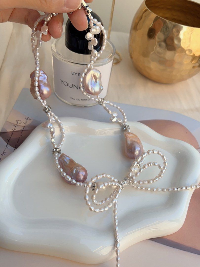 #PN695 Freshwater Pearl Necklace | Pearl Lace| Big Pearl Ribbon Bow| Lustrous Big Purple Baroque Pearl | The Princess Is Me