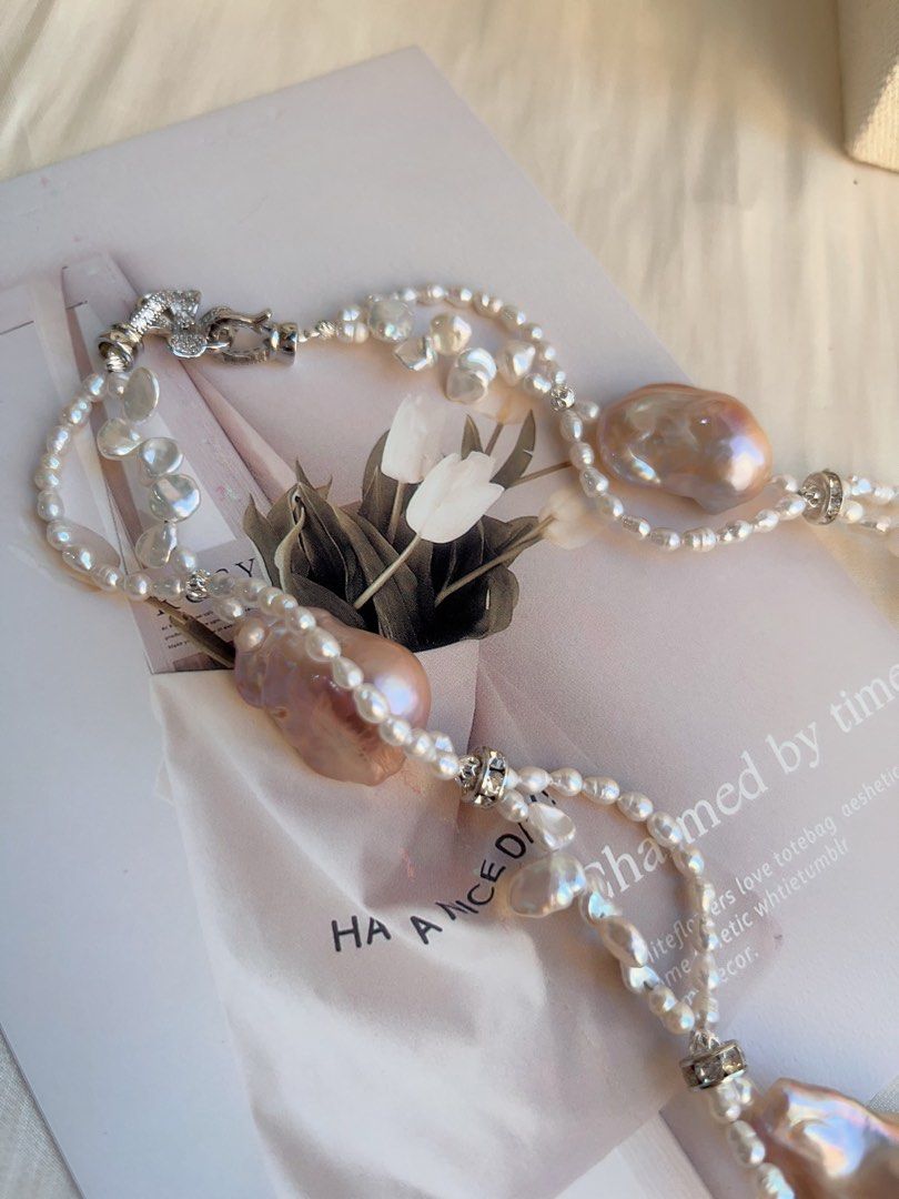#PN695 Freshwater Pearl Necklace | Pearl Lace| Big Pearl Ribbon Bow| Lustrous Big Purple Baroque Pearl | The Princess Is Me