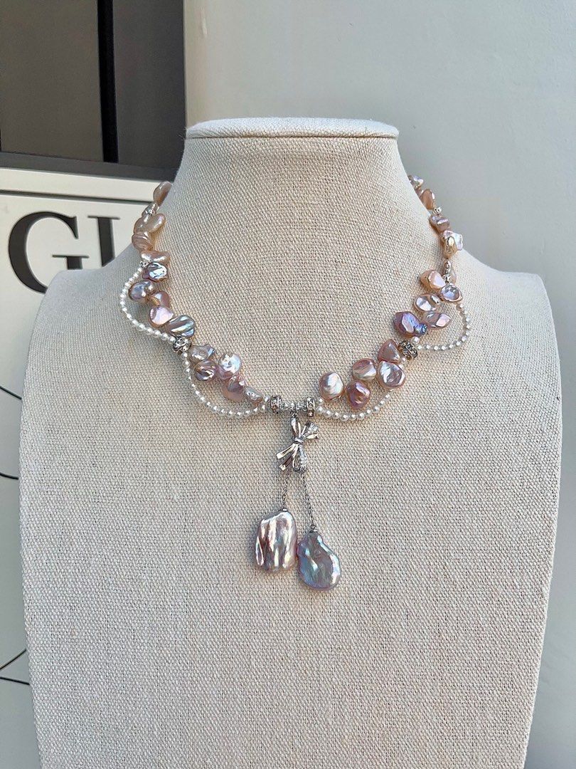 #PN697 Freshwater Pearl Necklace | Colourful Petal Pearls| Big Metallic Dangling Petal| Lace Design| 2-layer| I, Me & Myself