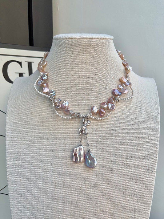 #PN697 Freshwater Pearl Necklace | Colourful Petal Pearls| Big Metallic Dangling Petal| Lace Design| 2-layer| I, Me & Myself