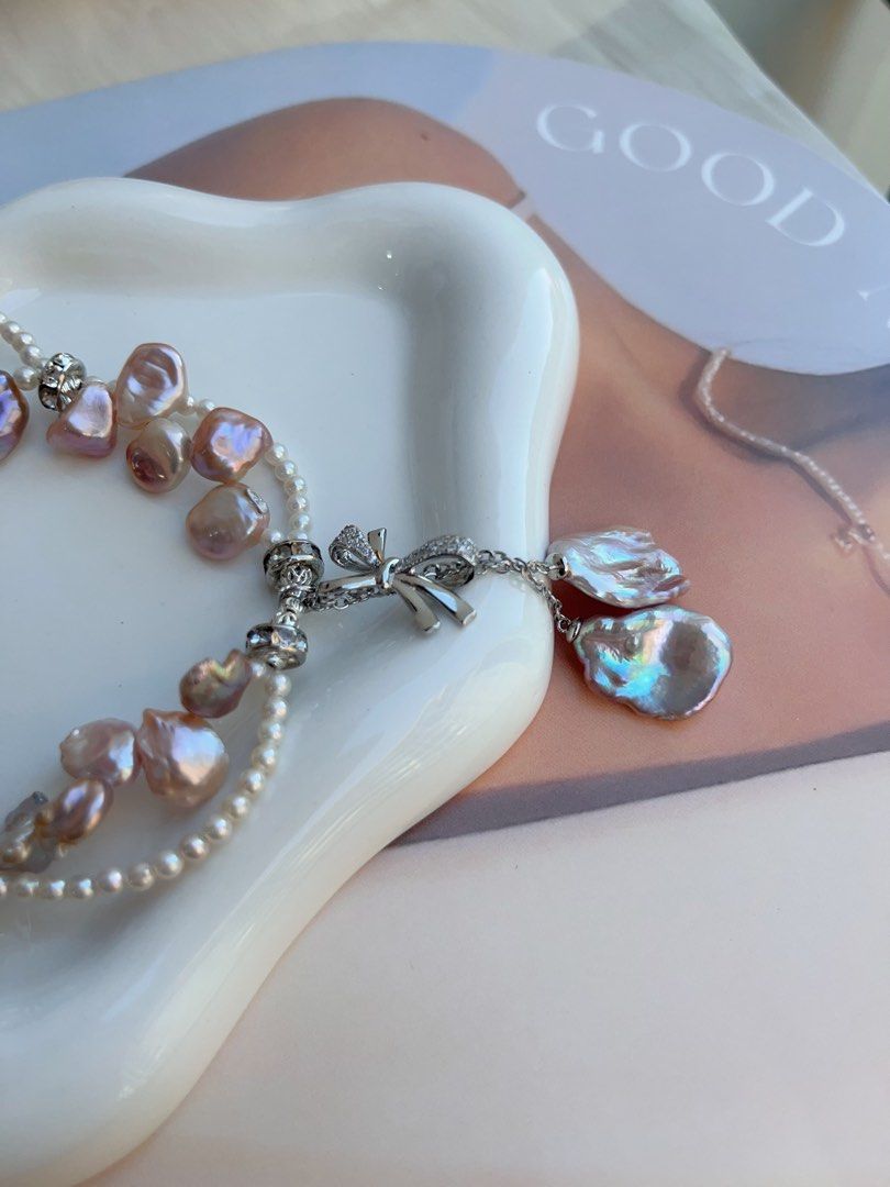 #PN697 Freshwater Pearl Necklace | Colourful Petal Pearls| Big Metallic Dangling Petal| Lace Design| 2-layer| I, Me & Myself