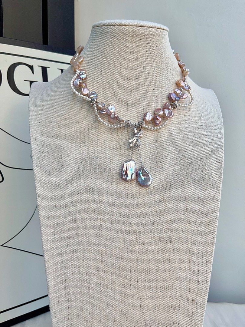 #PN697 Freshwater Pearl Necklace | Colourful Petal Pearls| Big Metallic Dangling Petal| Lace Design| 2-layer| I, Me & Myself