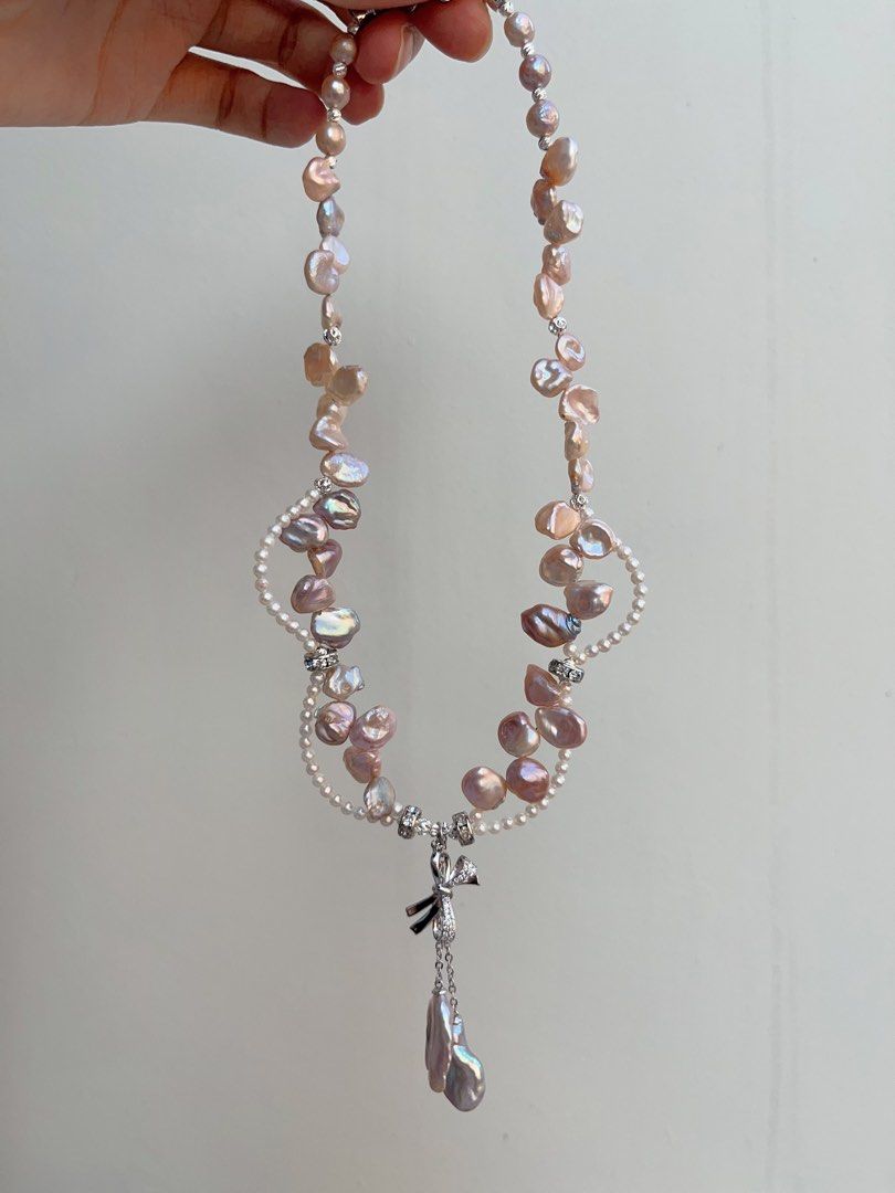 #PN697 Freshwater Pearl Necklace | Colourful Petal Pearls| Big Metallic Dangling Petal| Lace Design| 2-layer| I, Me & Myself