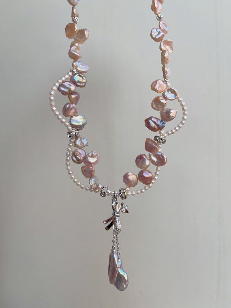 #PN697 Freshwater Pearl Necklace | Colourful Petal Pearls| Big Metallic Dangling Petal| Lace Design| 2-layer| I, Me & Myself