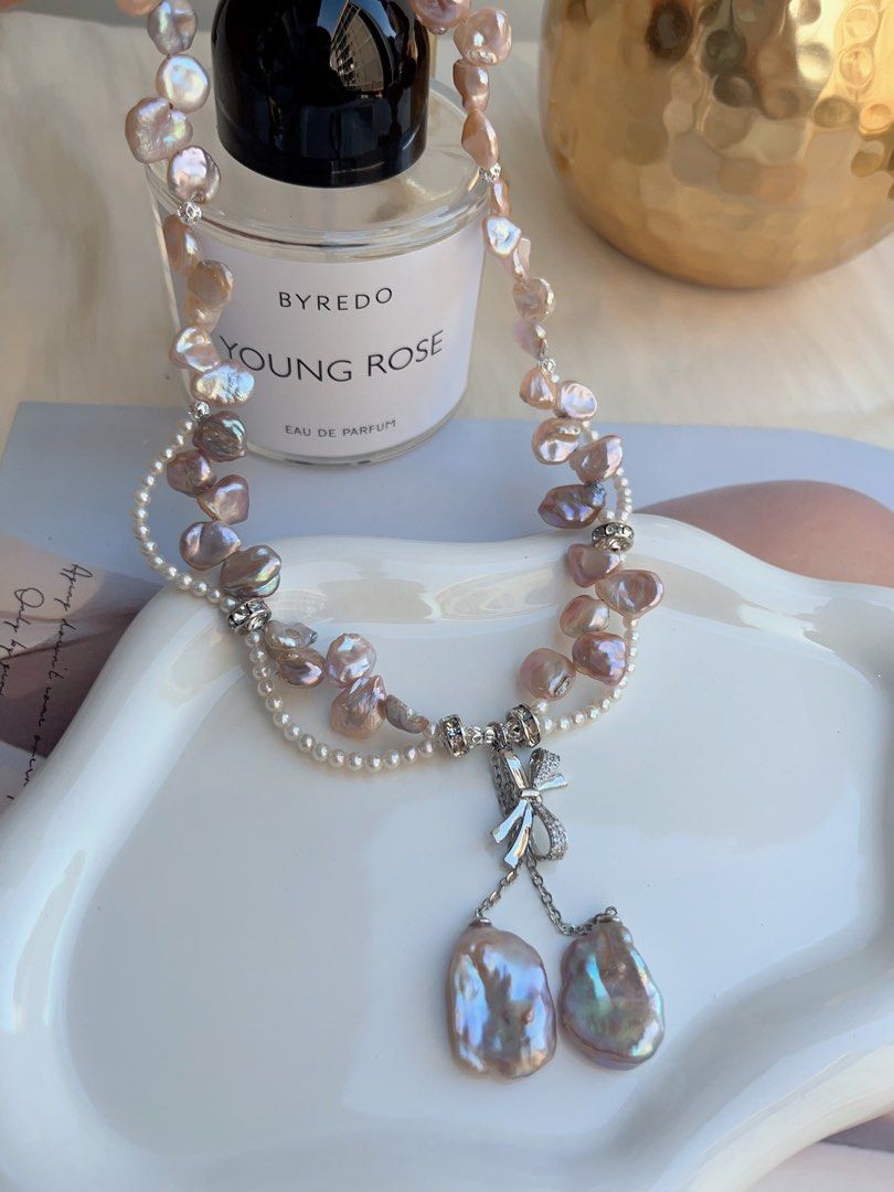 #PN697 Freshwater Pearl Necklace | Colourful Petal Pearls| Big Metallic Dangling Petal| Lace Design| 2-layer| I, Me & Myself