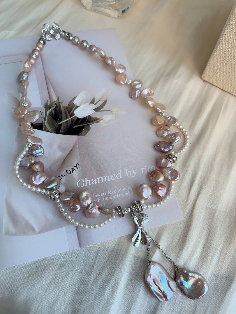 #PN697 Freshwater Pearl Necklace | Colourful Petal Pearls| Big Metallic Dangling Petal| Lace Design| 2-layer| I, Me & Myself
