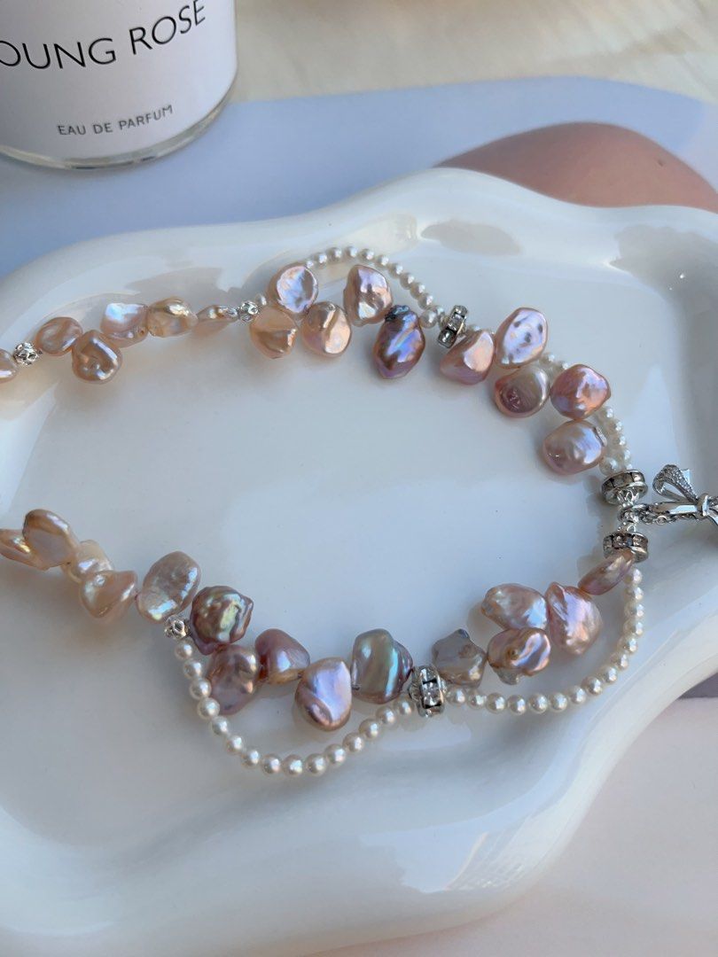 #PN697 Freshwater Pearl Necklace | Colourful Petal Pearls| Big Metallic Dangling Petal| Lace Design| 2-layer| I, Me & Myself