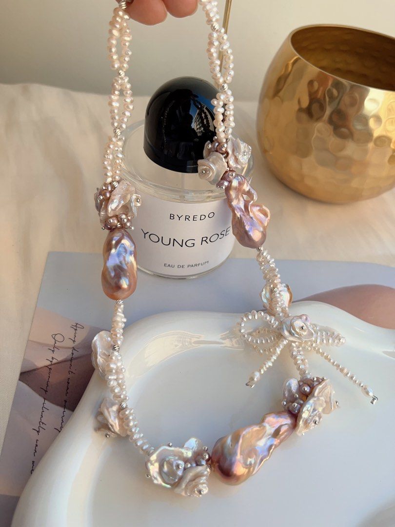 #PN698 [Floral Series] Freshwater Pearl Necklace | Double-layer| Super Big Fishtail Baroque | Superb Lustre| Pearl-on-Pearl Petal Flower|Ribbon| Wanna Feel The Occasion