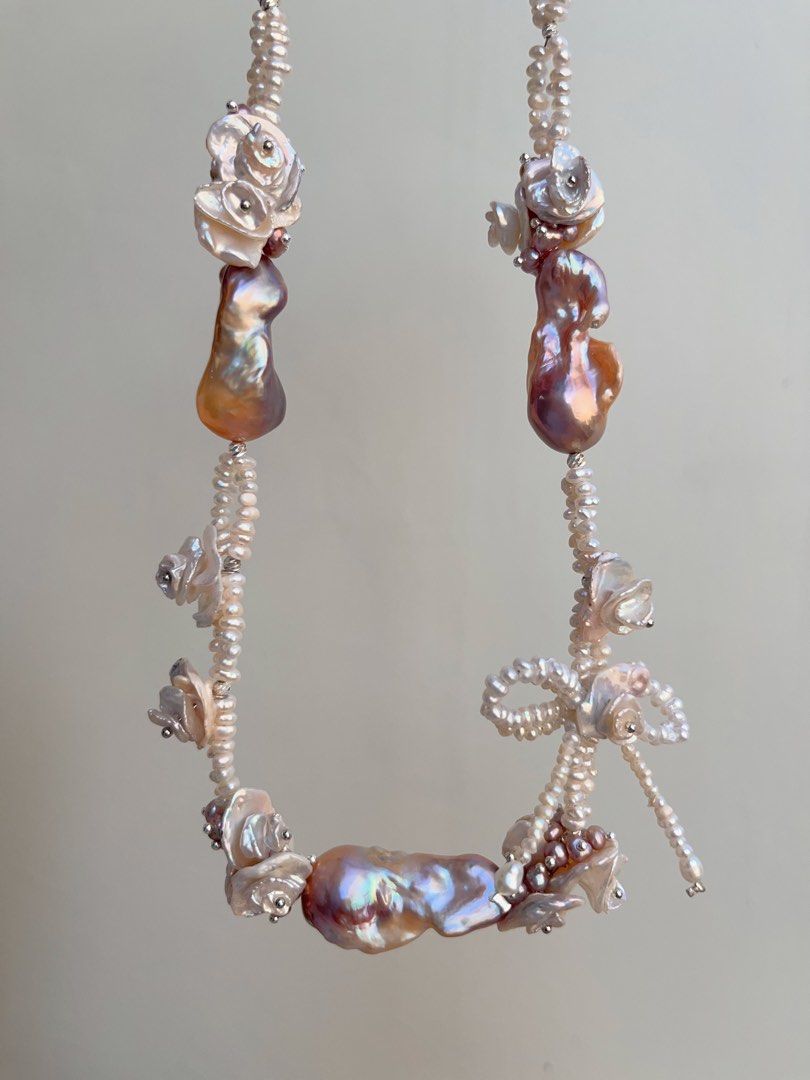 #PN698 [Floral Series] Freshwater Pearl Necklace | Double-layer| Super Big Fishtail Baroque | Superb Lustre| Pearl-on-Pearl Petal Flower|Ribbon| Wanna Feel The Occasion