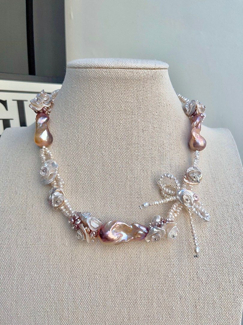 #PN698 [Floral Series] Freshwater Pearl Necklace | Double-layer| Super Big Fishtail Baroque | Superb Lustre| Pearl-on-Pearl Petal Flower|Ribbon| Wanna Feel The Occasion