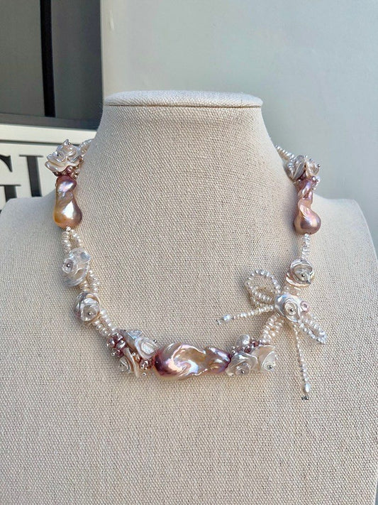 #PN698 [Floral Series] Freshwater Pearl Necklace | Double-layer| Super Big Fishtail Baroque | Superb Lustre| Pearl-on-Pearl Petal Flower|Ribbon| Wanna Feel The Occasion