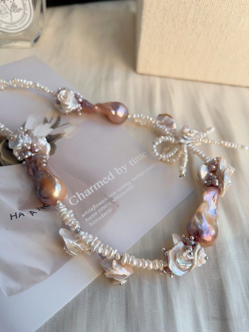 #PN698 [Floral Series] Freshwater Pearl Necklace | Double-layer| Super Big Fishtail Baroque | Superb Lustre| Pearl-on-Pearl Petal Flower|Ribbon| Wanna Feel The Occasion