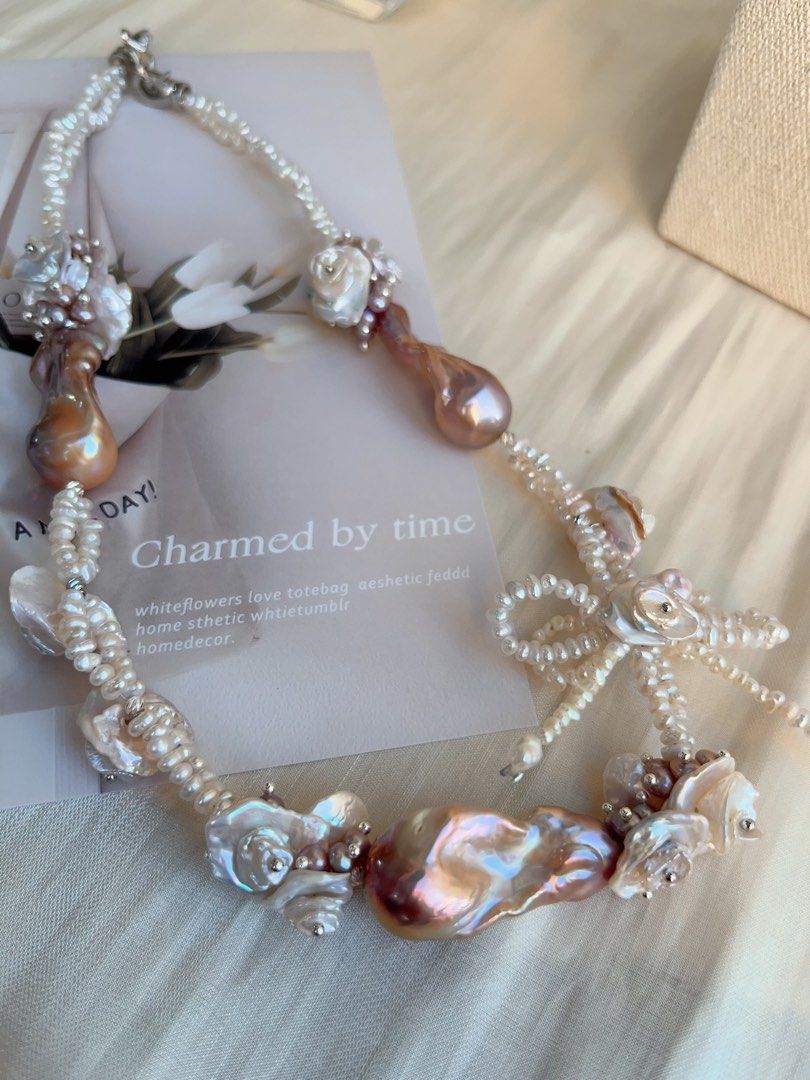 #PN698 [Floral Series] Freshwater Pearl Necklace | Double-layer| Super Big Fishtail Baroque | Superb Lustre| Pearl-on-Pearl Petal Flower|Ribbon| Wanna Feel The Occasion